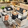 CAODOC Patio Furniture,All Weather Wicker 6 PCS Outdoor Sofa with High Back Swivel Rocker Chairs,Conversation Set with 42 inch Fire Pit,Light Rattan Black Cushion