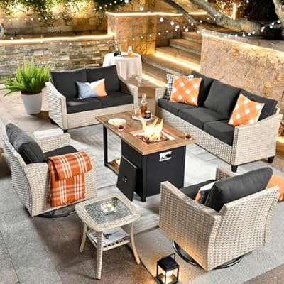 CAODOC Patio Furniture,All Weather Wicker 6 PCS Outdoor Sofa with High Back Swivel Rocker Chairs,Conversation Set with 42 inch Fire Pit,Light Rattan Black Cushion