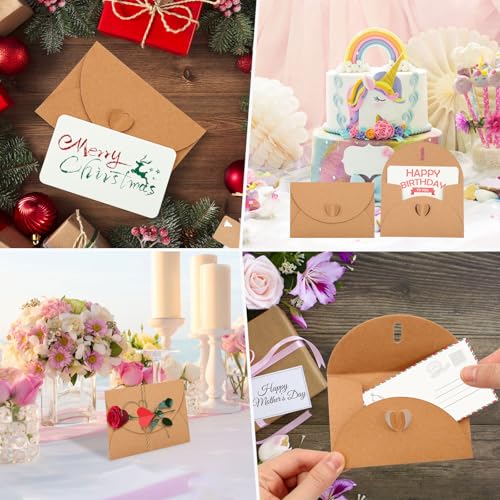 Omtofo 60 Stück Mini Briefumschläge mit 60 Stück Blanko Karten, Klein Briefumschlag mit Herz Verschluss, Kleine Briefumschläge Mini mit Karte für DIY Dankeskarte, Geschenkkarten, Geburtstagskarten