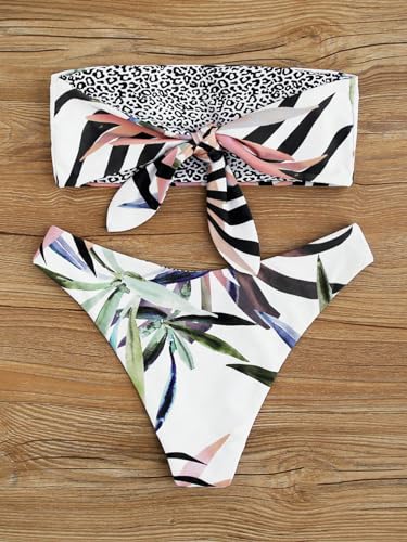 GORGLITTER Women's Strapless Bandeau Swimsuits Tropical High Cut Thong Cheeky Bikini Set Bathing Suit2