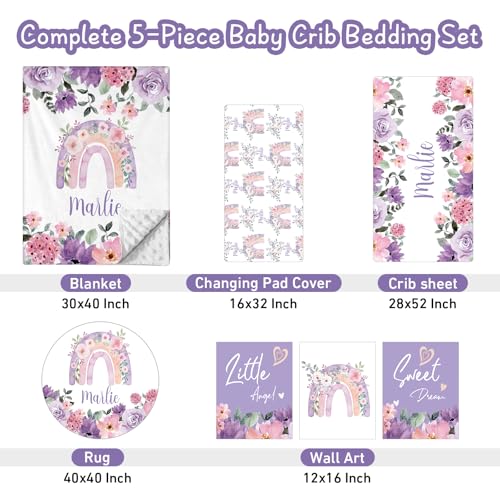 Personalized Baby Crib Bedding Set, 5 Piece Custom Name Baby Crib Bedding with Blanket, Fitted Sheet, Rug, Changing Pad Cover, Wall Art for Infant Toddler Boys Girls, Gift, Rainbow Floral Theme