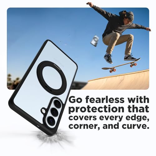 Image of RIGGEAR Shockproof Sleek Hybrid Armor 360 Rotating Magnetic Ring Stand Back Cover Case Compatible with MagSafe Accessories for Samsung Galaxy S26 (Clear PC + Black TPU Bumper)