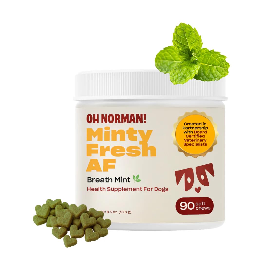 OH NORMAN! Dog Bad Breath Eliminator Chews - Promotes Fresh Breath for Dogs - Dog Breath Mints & Dental Care Treats for Seniors, Adult Doggie, Puppies - Vet Approved - Minty Fresh AF by Kaley Cuoco