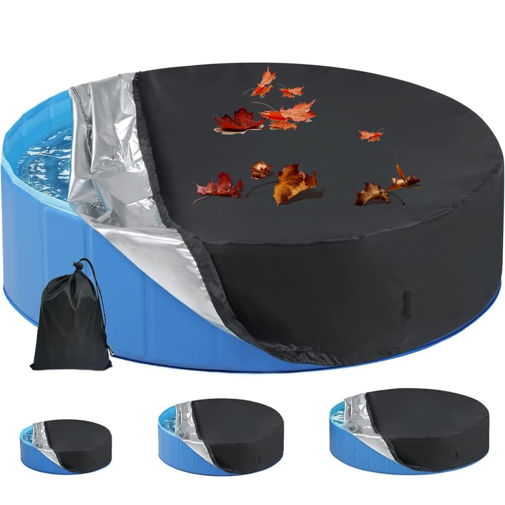 Outdoor Swimming Pool Cover, 5.25 FT Round Pool Cover, Round Dog Pool Cover with Adjustable Drawstring for Dog Pools, Hot Tubs, Kids Inflatable Tubs, Waterproof and Dustproof UV Resistant, 160x30cm