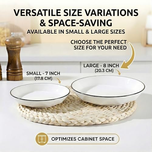 Image of Premium White Ceramic Pasta Dishes Set of 4, 7-Inch Large Shallow Salad Plates with Elegant Black Rim, Modern Geometric Faceted Design, Stackable, Microwave & Dishwasher Safe Dinnerware