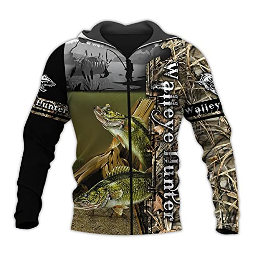 SWAG HIPSTER Hoodie Sweatshirt Walleye Hunting Camo 3D Long Sleeve Shirts (3XL, Zip Hoodie)