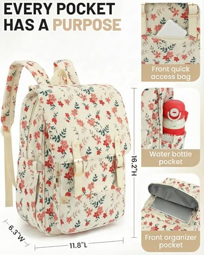 Image of Corduroy Laptop Backpack for Women, Fits 15.6 Inch Computer Bag, College High School Bookbag Travel Daypack Purse, Work Business Bags - Beige Corduroy Flowers Pink