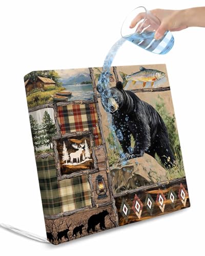 Hokiten Vintage Black Bears Outdoor Cushion Chair Cover Set of 4 - Waterproof Couch Seat Covers, Abstract Country Plaid Fish Retro Patio Furniture Protector Cushions Slipcovers for Sofa/RV, 24