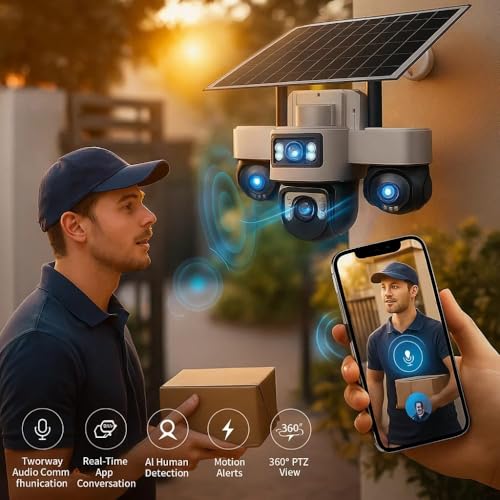 Image of Maizic Smarthome TRIGENIE 4G Solar 6MPx3 FHD 3 Lens /3 Screen AI Triple PTZ Outdoor CCTV Camera | 360 View | Color Night Vision | Human Detection | 2-Way Audio | IP66 Waterproof