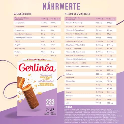 GERLINÉA – Crunchy Milchschokolade-Erdnuss-Riegel – Proteinreicher Mahlzeitenersatz – 240 kcal – 12 Riegel (6 Mahlzeiten), 372 g