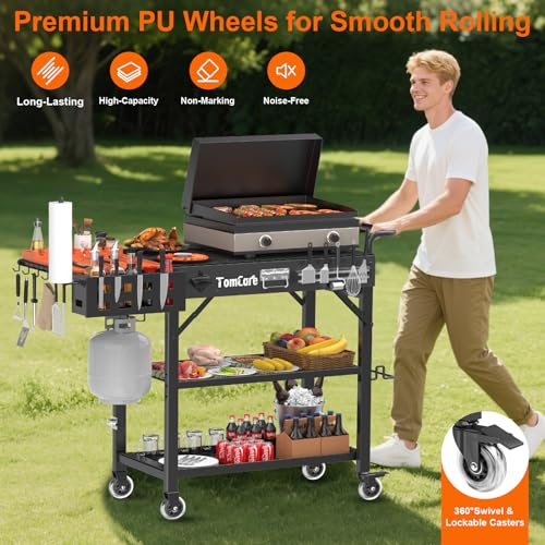 TomCare Grill Table with 3-Tier Storage Shelves Lockable Wheels Grill Cart with Silicone Grill Mat Heavy Duty Outdoor Tabletop Griddle Stand Holds 500Lbs Fits 22” Blackstone Ninja Cuisinart BBQ Grill