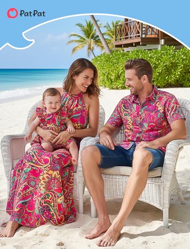 Image of PATPAT Family Hawaiian Matching Outfits - Mommy and Me Vacation Outfits | Halter Sundresses and Button Down Shirts,Caribbean Vacation Summer Tropical Outfits,Hawaiian Boho Tropical Floral Printed