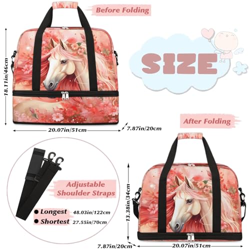 Travel Duffel Bags Flower Horse Foldable Weekender Bags for Women with Shoes Compartment Waterproof & Tear Resistant Carry on Overnight Luggage Duffel Bag Shoulder Sports Tote Bag2