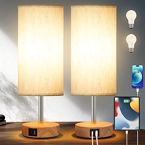 Image of Yarra-Decor Bedside Lamp with USB A+C Charging Ports Set of Two - Touch Control Table Lamp for Wood 3 Way Dimmable Nightstand Lamp with Round Flaxen Fabric Shade (LED Bulb Included) (Y4-2 Pack)