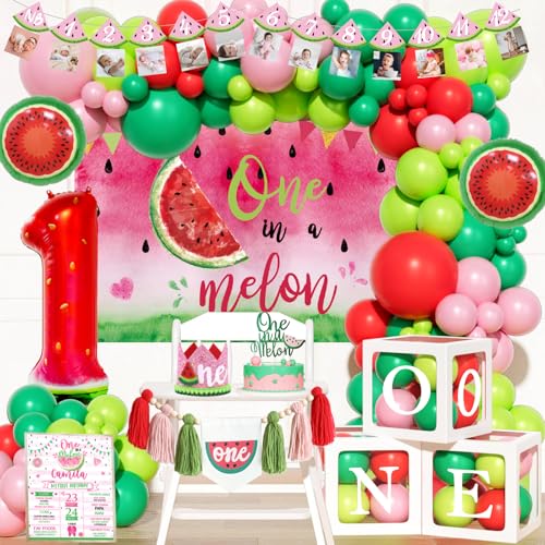 Costova One In A Melon Party Decorations 109 PCs Watermelon Theme 1st Party Supplies with Watermelon Printed Backdrop Balloon Garland Number 1 Foil Balloon Banner Cake Topper