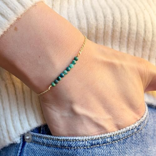 Image of Womens Dainty Gold Chain Bracelet,Simple Layered Chain Bracelets,Beaded Turquoise Bracelet,Charm Crystal Bar,Heart,Karma,Triangle,Pearl Bracelets for Women