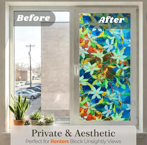 Image of HOME13 Window Privacy Film Frosted Glass Film Decorative Window Sticker Removable Window Film Home Office Privacy Film Window Coverings (Mystic Flower, 1 Feet by 7 Feet)