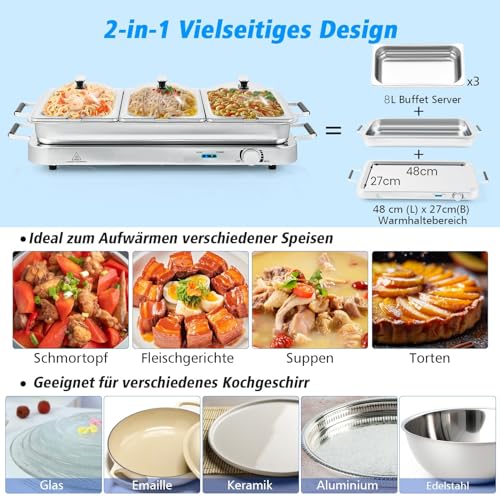 RELAX4LIFE Warmhalteplatte Buffetwärmer 2 in 1, Speisewärmer 8L, Teller Wärmer 50℃-150℃ Temperaturregler, Wärmebehälter 450W, Speisebehälter Edelstahl, Ideal zum Warmhalten von Speisen – Bild 3
