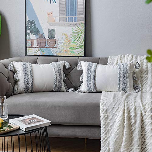 DEZENE Boho Throw Pillow Covers: 2 Pack 100% Cotton Woven Tufted Rectangle Lumbar Decorative Pillowcases with Tassels for Couch Sofa Bed, Accent Cushion Covers for Farmhouse, Kids, 12 x 20 Inch Grey