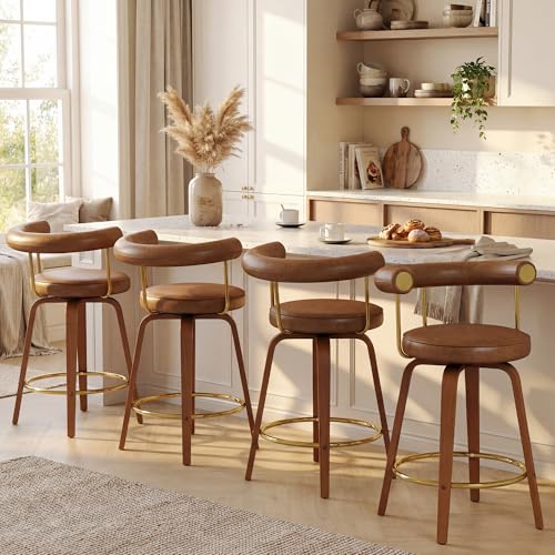 Image of Swivel Bar Stools Set of 4, 26 inch Counter Height Bar Chair, Barstools (Brown) | TYBOATLE, Mid-Century Modern, Faux Leather, Bent Wooden Legs, Golden Footrests, Island, Kitchen