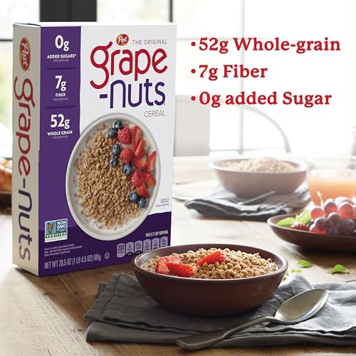 Image of Grape-Nuts Cereal, Low Fat, High Fiber, Kosher, 20.5 oz Box | Crunchy Whole Grain Wheat and Barley Cereal, Non-GMO Project Verified