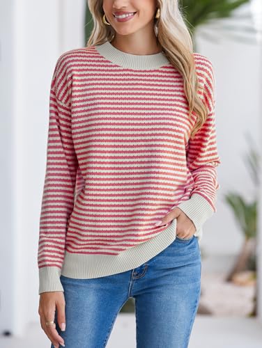 Image of Famulily Womens Striped Color Block Hollow Out Knitted Sweater Long Sleeve Crew Neck Pullover Tops