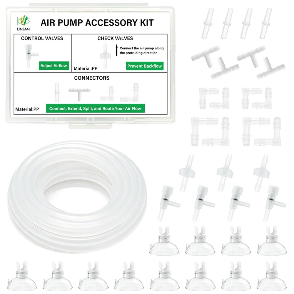 LINLAN 5M 4 * 6mm Silicone Airline Tubing with Storage Box, Aquarium Air Pump Accessory Kit, 3 Check Valves, 4 Control Valves, 16 Connectors, 12 Suction Cup, for Fish Tank