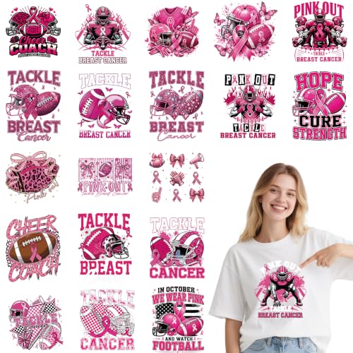20 Pcs Breast Cancer Awareness Iron on Transfers for T-Shirts Pink Football