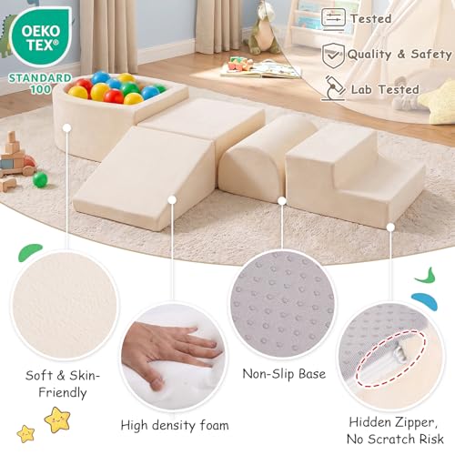 Image of Tiita Baby Climb and Crawl Playset 5-Piece with Small Ball Pit | Foam Climbing Blocks for Toddlers with Removable Washable Cover, Indoor Soft Play Climber, Beige