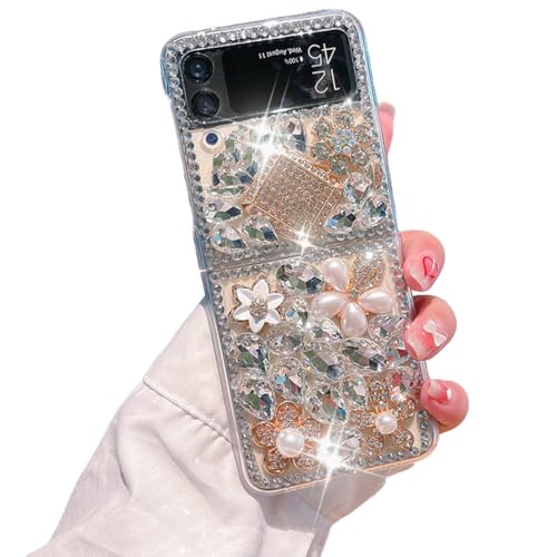 Poowear for Samsung Galaxy Z Flip 4 5G Case,Luxury Bling Diamond Rhinestone Gemstone 3D Perfume Bottle and Flower Gemstone Soft TPU Back Cover Case for Women Girls with Galaxy Z Flip 4 5G (2022)