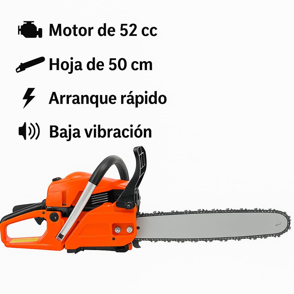 SVE Motosierra de Gasolina 52cc con Hoja de 50 cm – Arranque Rápido, Baja Vibración, Cadena de Alto Rendimiento, Ideal para Tala, Poda y Corte de Madera