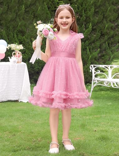 Image of IMEKIS Toddler Kids Girls Sparkle Sequins Tulle Party Dress, Wedding Formal Birthday Tea Party Dresses 2-8T