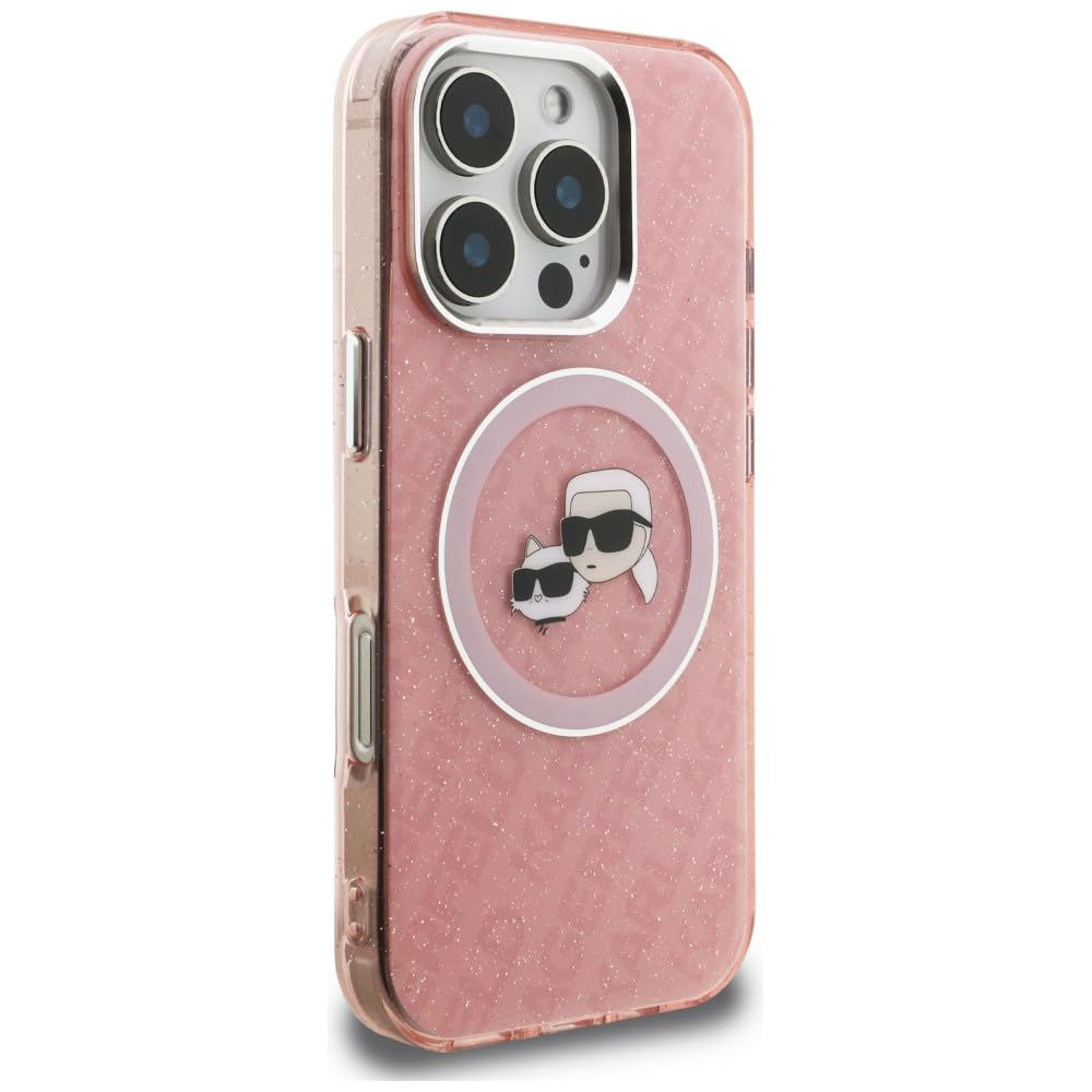 CG MOBILE Karl Lagerfeld IML Glitzer Karl & Choupette Köpfe Logo kompatibel mit MagSafe Hülle für iPhone 16 Pro Max (Rosa)