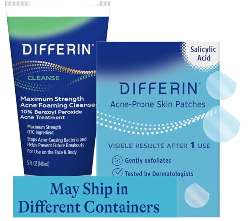 Image of Differin 10% Benzoyl Peroxide Cleanser and Patch Set: 36 Power Patches, 18 large and 18 small patches for acne-prone skin and Acne Foaming Cleanser with 10% BPO Acne Treatment