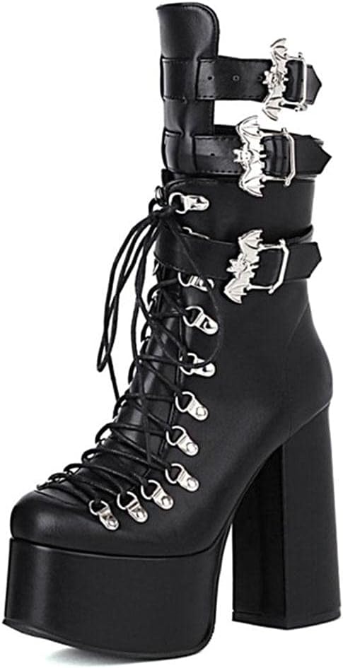 mikarka Goth Boots for Women Chunky High Heel Platform Lace Up Lug Sole Studded Chain Motorcycle Boots Combat Ankle Boots