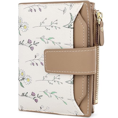 Small Wallet Womens Brown Flower Cute Wallet for Women Slim Change Purse for Ladies Bifold Wallet Womens With Zipper Coin Pocket Purses Card Holder for Women