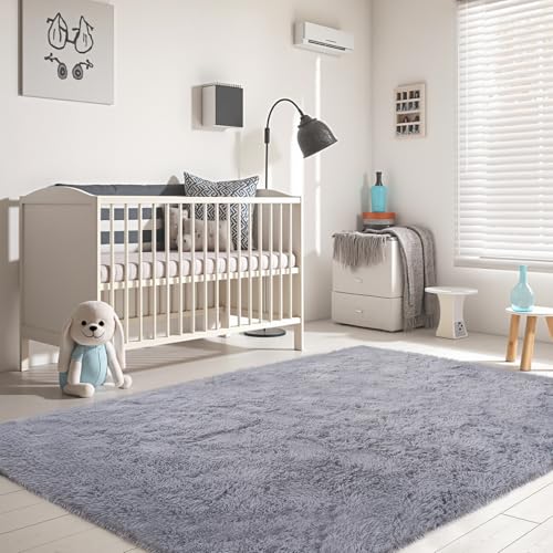 Grey Rug for Living Room Fluffy 4x6 ft Bedroom Rug Non-Slip Area Rugs Shag Carpet for Nursery Kids Play Room Dorm Office Indoor 1.7\'\' Thick Modern Plush Gray Carpets Boys - Thumbnail 3
