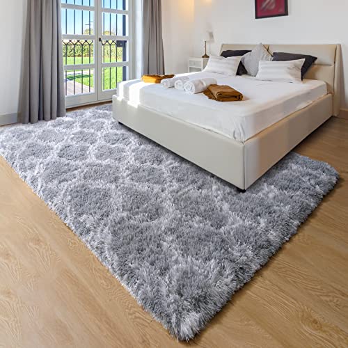 Unirea Shag Area Rug Modern Indoor Plush Fluffy Rugs, Super Soft And Fuzzy Carpet, Geometric Moroccan Rugs For Bedroom Living Room Girls Kids Nursery, 3X5 Feet Light Grey/White #TOP5