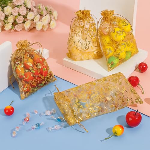 Image of XCLUSY 50PCS (13X18CM)(5x7 inchINCH) Potli Bags for Gifting - Multipurpose Wedding Return Gift Bags | Party Favour, Birthday, Anniversary, Festive Packing Pouches | Organza, Cloth, Brocade, Fancy Luxury Goodie Bags (ORANGE PRINTED, 1 Count(Pack of 50))