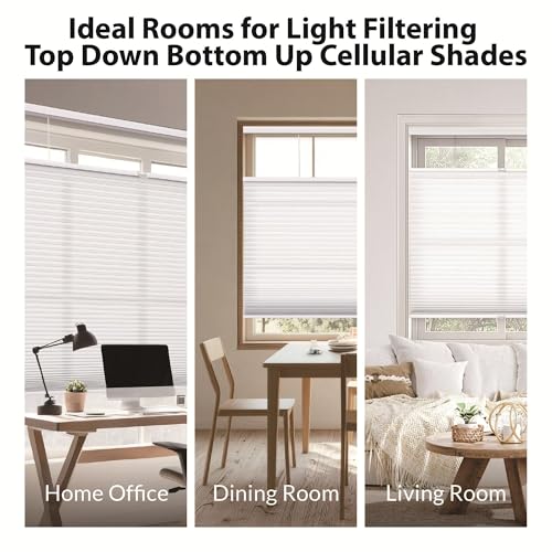 Image of DEZ FURNISHINGS Cordless 1.5 inch Light Filtering Top Down Bottom Up Cellular Shade, 64 inch W x 54 inch H, White