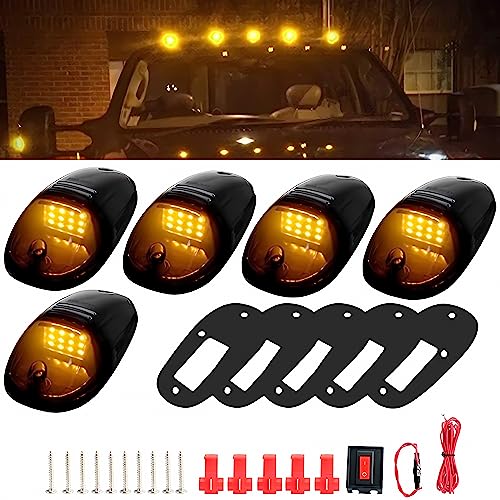 MARLBSTON 5 X Cab Marker Light, Compatible with 2003-2018 Dodge Ram 1500 2500 3500 4500 5500 Pickup Trucks Smoke Lens Amber LED Housing Cab Roof Running Lights, Top Clearance Light w/Wiring Pack