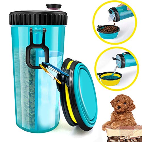 Dog Water Bottle for Walking - 2 in 1 Portable Travel Dual Chambered Pets Drinking Cup Dispenser Mug and Food Container with 2 Collapsible Bowls