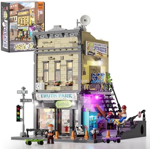 Funwhole Skate-Shop Lighting Building-Bricks Set - Street Fusion City Skate Store Collection LED Light Modular Building Kit 1573 Pcs for Adults and Teen