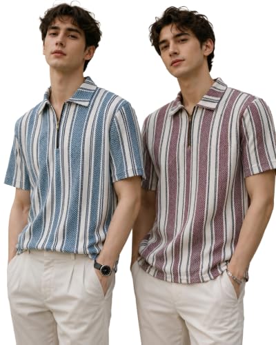 Image of London Hills Men's Loose Fit Half Sleeve Vertical Striped Polo T-Shirt with Zip Collar | Premium Polyester Fabric | T Shirt for Man | Tshirt | Shirts Men | Tshirt for Man | Men T-Shirts