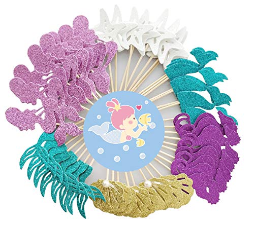 Mermaid Cupcake Toppers 48 Pcs Glitter Cake Topper For Mermaid Themed Party Decoration Supplies #TOP3
