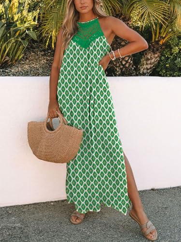 Image of FARORO Sleeveless Long Dress for Women Boho Halter Maxi Sundress Casual Loose Dresses Split Cover Up Gown with Pockets
