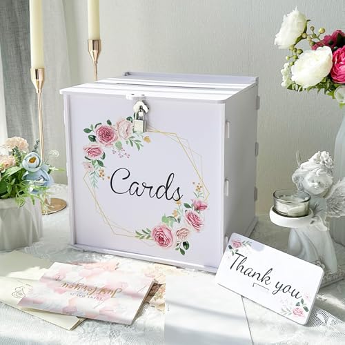 Cvkwe White Wedding Card Box with Lock PVC Money Gift Box for Reception Wedding Post Boxes for Cards Party Honeymoon Fund Reception Anniversary Bridal Baby Shower