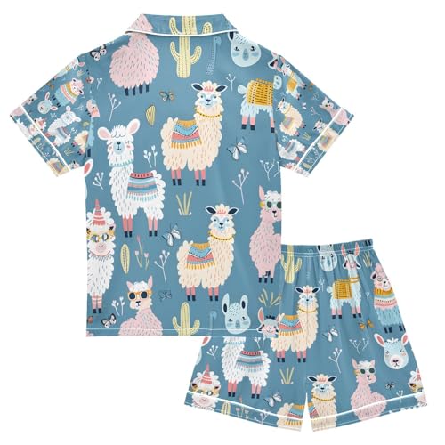 senya Cute Lama Animals Satin Summer Pajama Sets Silk Short Sleeve Button Down Sleepwear2