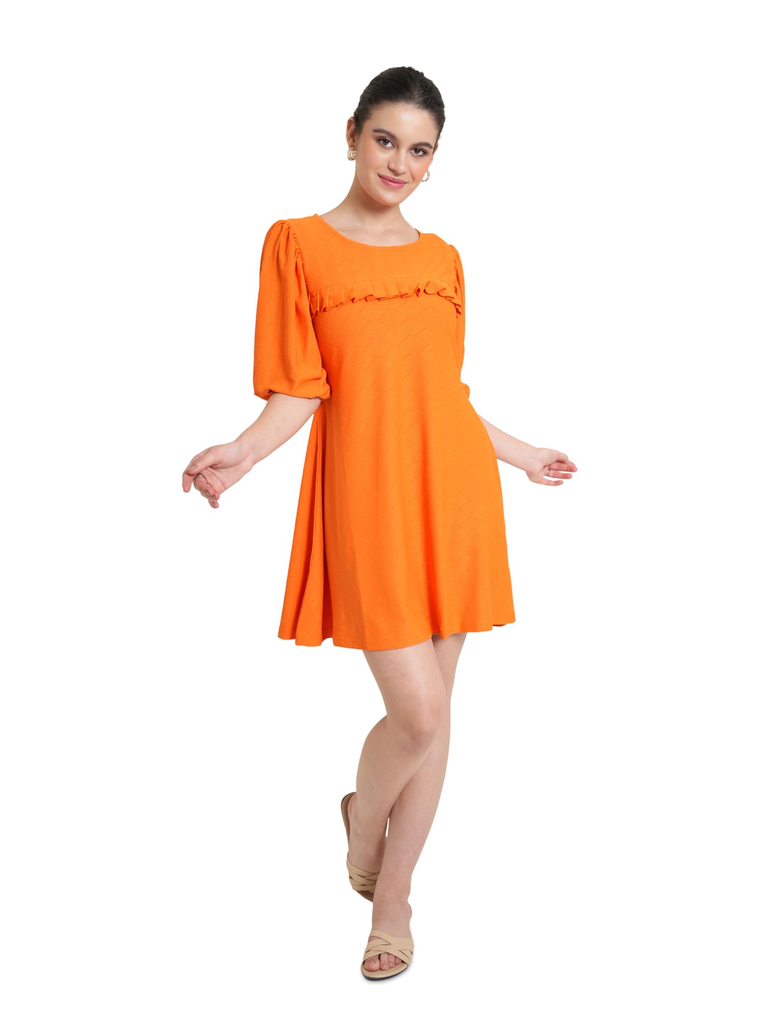 Purvaja Womens A-Line Mini Length Dress (Nisi-051-Orange_Orange_Small)