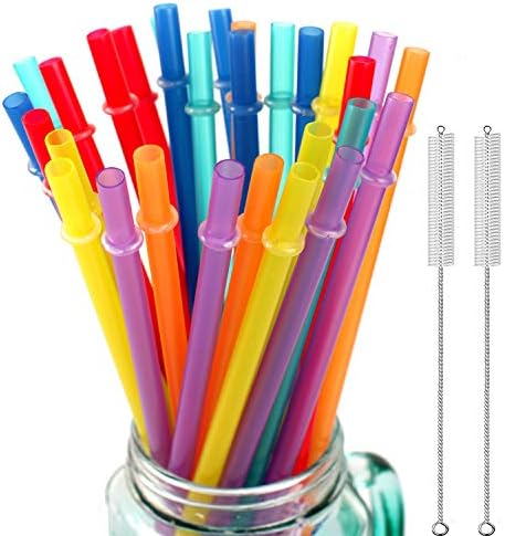 32 Pieces Reusable Plastic Straws Fit for Mason Jars, Tumblers, 10.25 Inches Extra Long Rainbow Colored Unbreakable Drinking Straws with 2 Cleaning Brushes, BPA Free and Eco Friendly